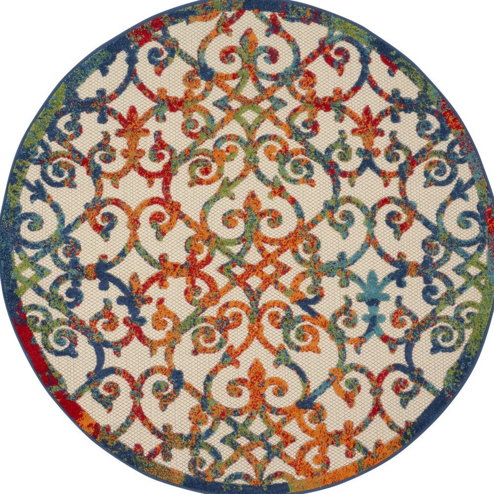 4' Ivory Blue Orange And Green Round Trellis Indoor Outdoor Area Rug HomeRoots