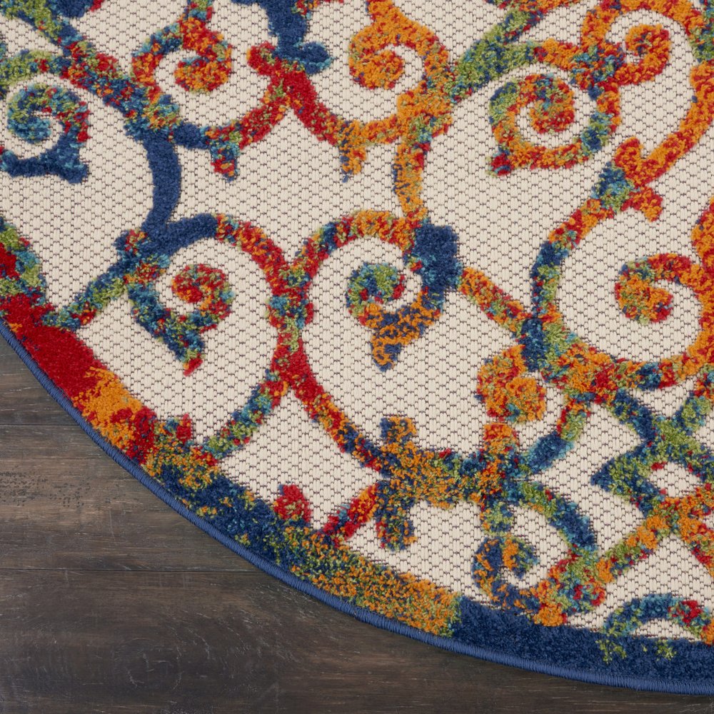 4' Ivory Blue Orange And Green Round Trellis Indoor Outdoor Area Rug HomeRoots