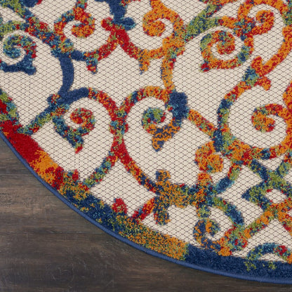 4' Ivory Blue Orange And Green Round Trellis Indoor Outdoor Area Rug HomeRoots