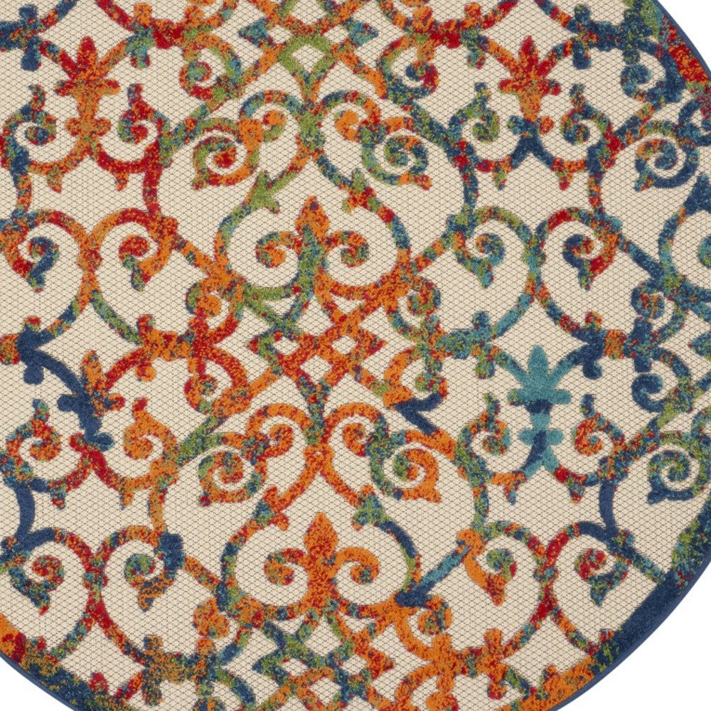 4' Ivory Blue Orange And Green Round Trellis Indoor Outdoor Area Rug HomeRoots