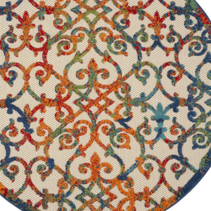 4' Ivory Blue Orange And Green Round Trellis Indoor Outdoor Area Rug HomeRoots