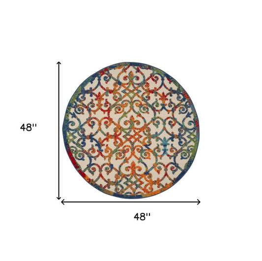 4' Ivory Blue Orange And Green Round Trellis Indoor Outdoor Area Rug