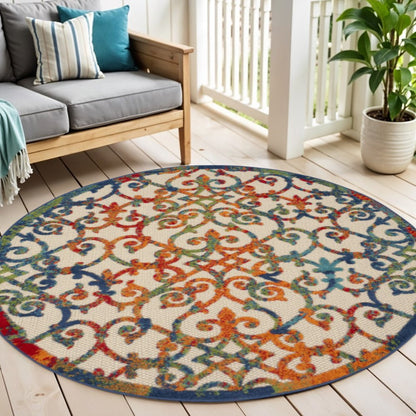 5' Ivory Blue Orange And Green Round Trellis Indoor Outdoor Area Rug HomeRoots