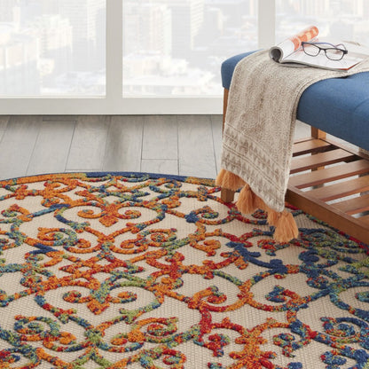 5' Ivory Blue Orange And Green Round Trellis Indoor Outdoor Area Rug HomeRoots