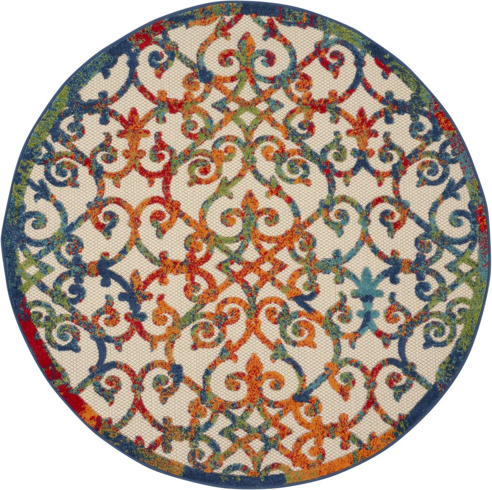 5' Ivory Blue Orange And Green Round Trellis Indoor Outdoor Area Rug — view 8
