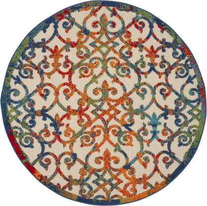 5' Ivory Blue Orange And Green Round Trellis Indoor Outdoor Area Rug HomeRoots