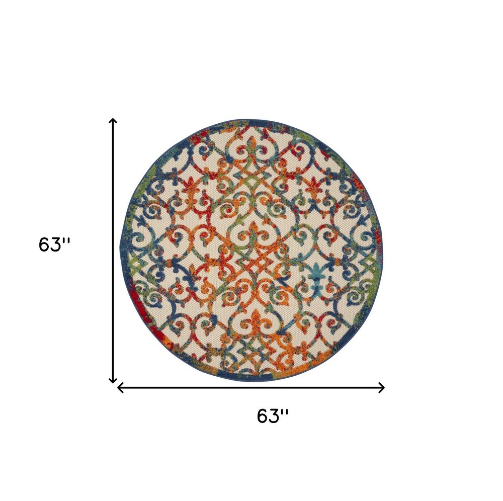 5' Ivory Blue Orange And Green Round Trellis Indoor Outdoor Area Rug HomeRoots
