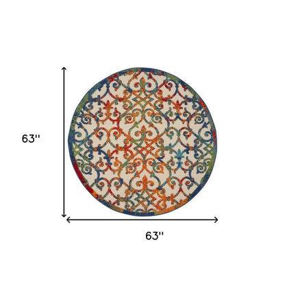 5' Ivory Blue Orange And Green Round Trellis Indoor Outdoor Area Rug HomeRoots