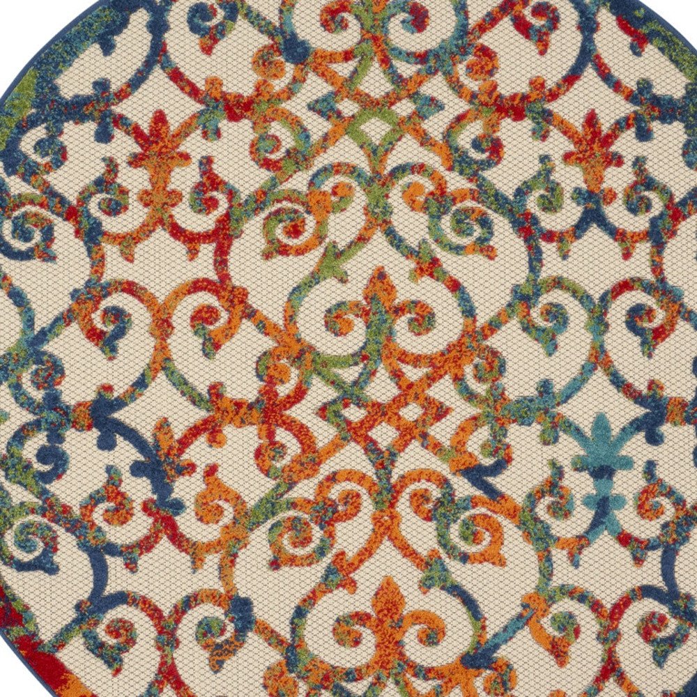 5' Ivory Blue Orange And Green Round Trellis Indoor Outdoor Area Rug — view 2