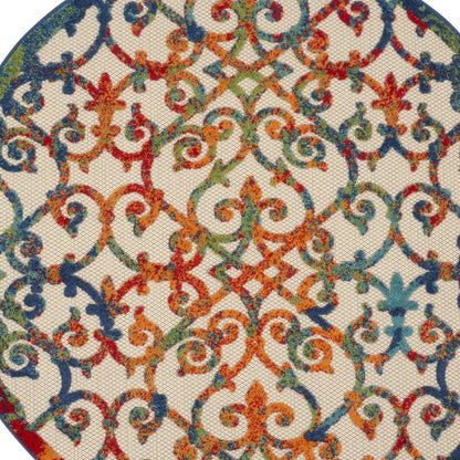 5' Ivory Blue Orange And Green Round Trellis Indoor Outdoor Area Rug HomeRoots