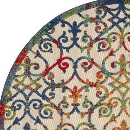 8' Ivory Blue Orange And Green Round Trellis Indoor Outdoor Area Rug HomeRoots