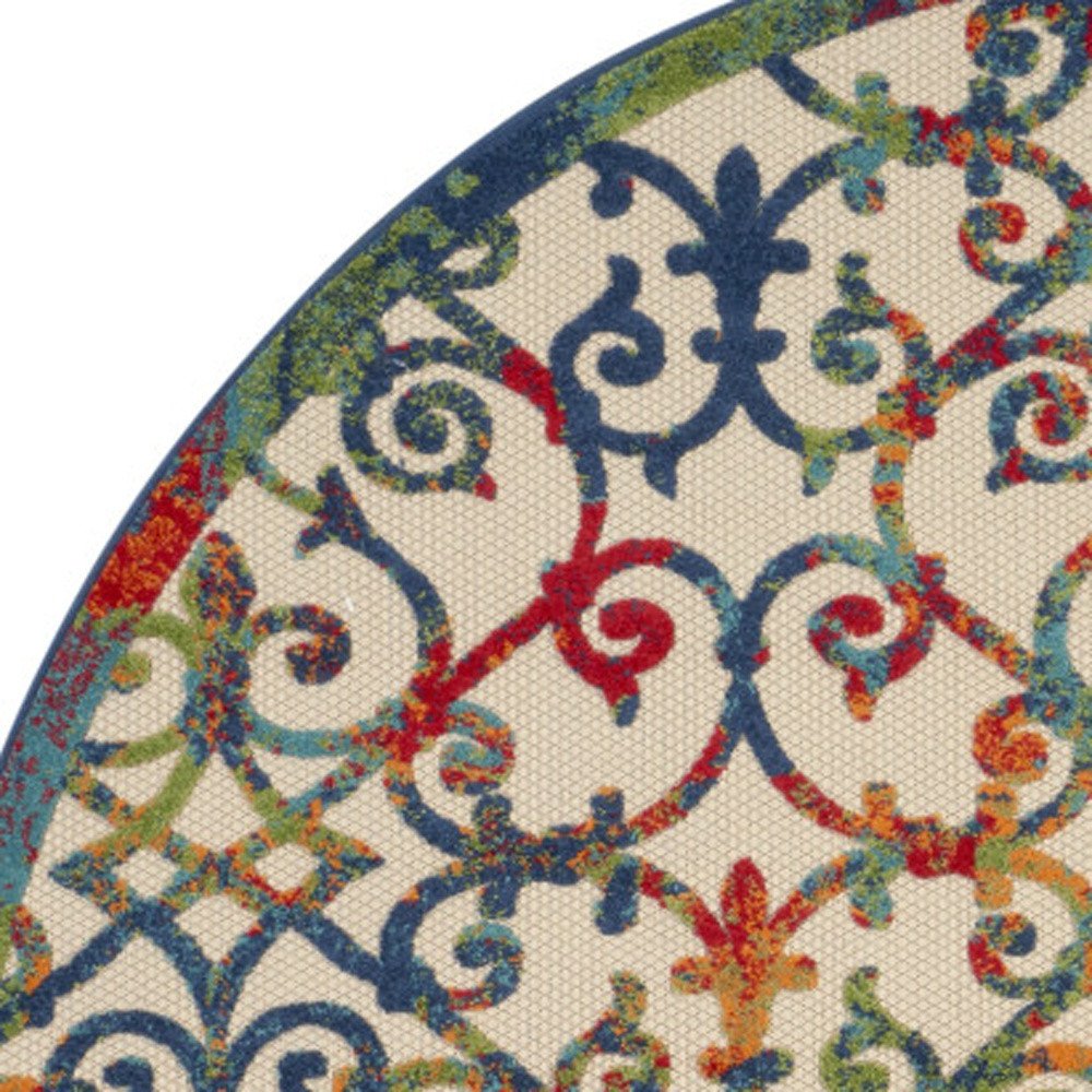 8' Ivory Blue Orange And Green Round Trellis Indoor Outdoor Area Rug HomeRoots