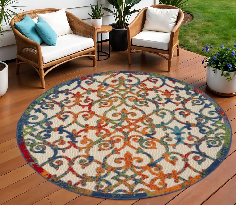 8' Ivory Blue Orange And Green Round Trellis Indoor Outdoor Area Rug HomeRoots