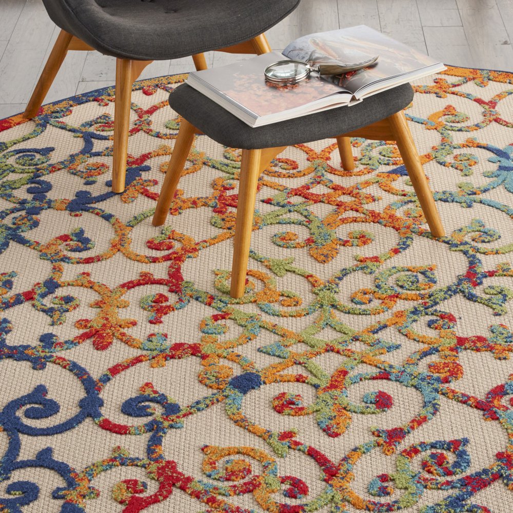 8' Ivory Blue Orange And Green Round Trellis Indoor Outdoor Area Rug HomeRoots