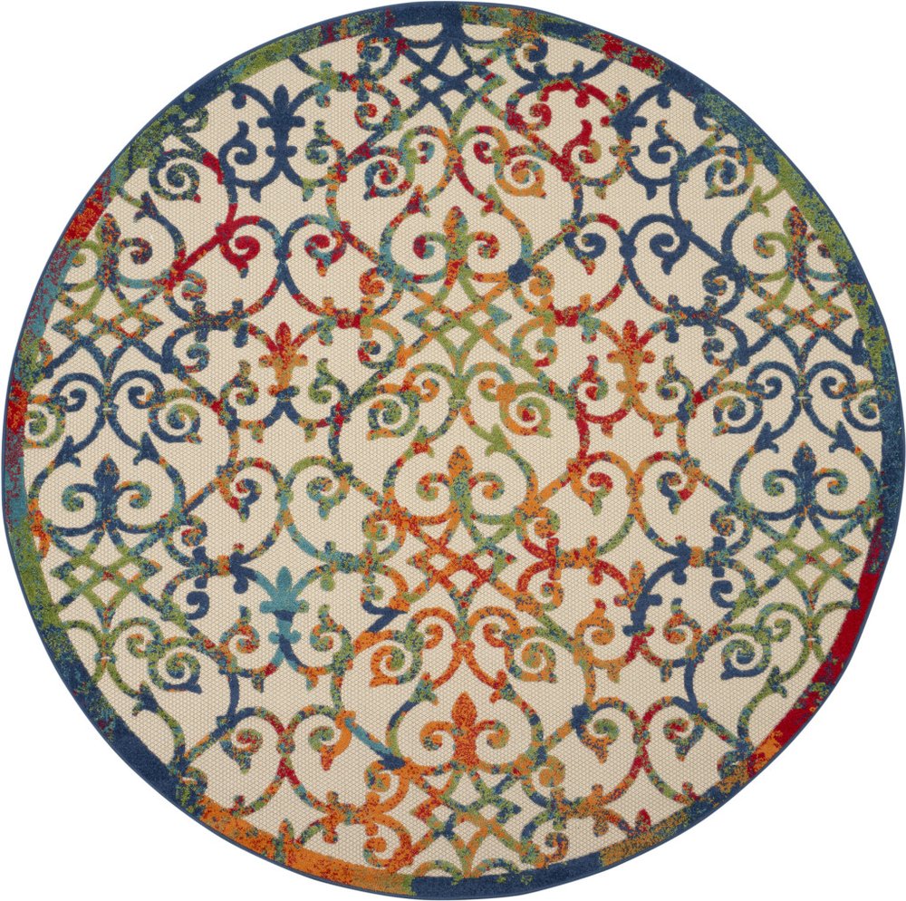 8' Ivory Blue Orange And Green Round Trellis Indoor Outdoor Area Rug