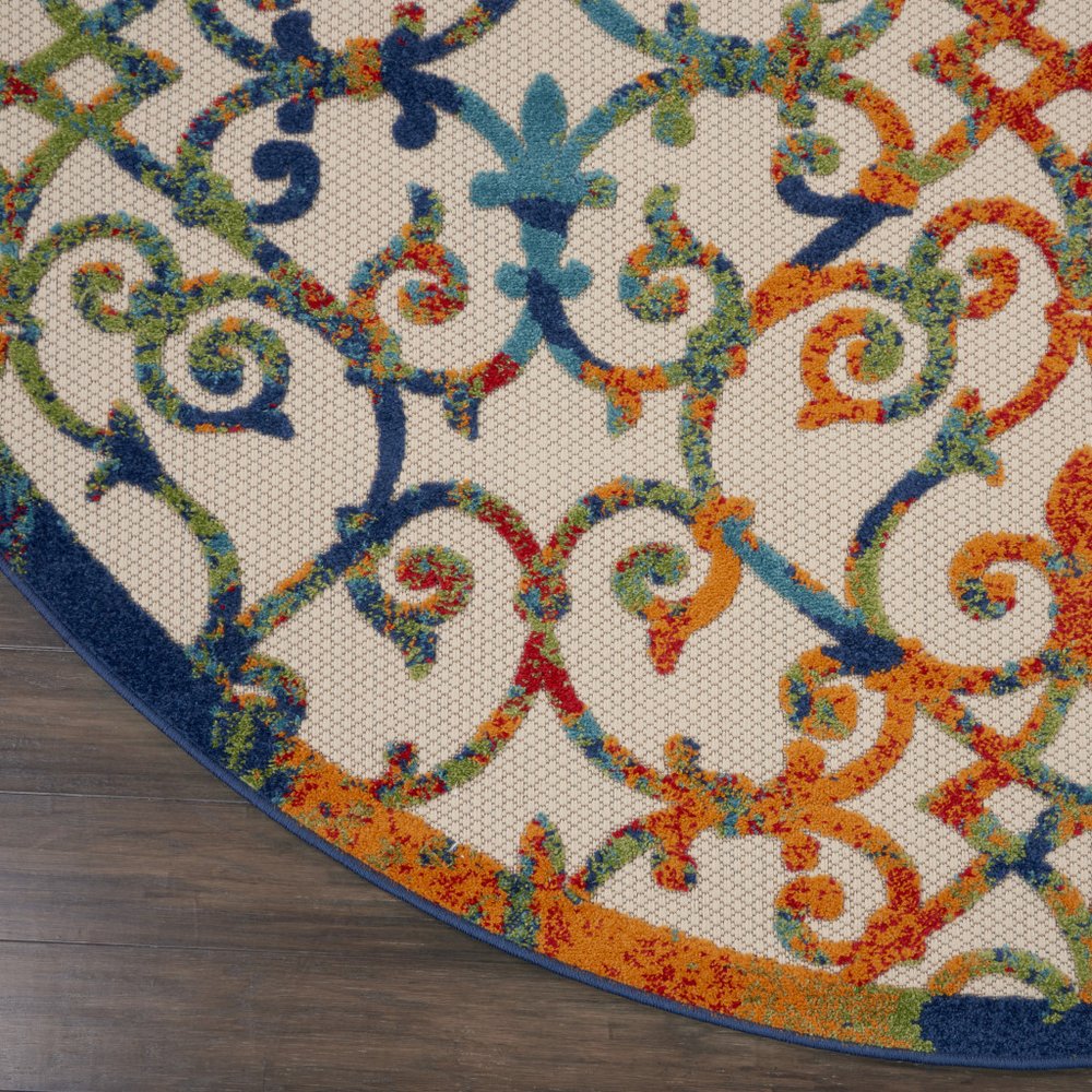 8' Ivory Blue Orange And Green Round Trellis Indoor Outdoor Area Rug HomeRoots
