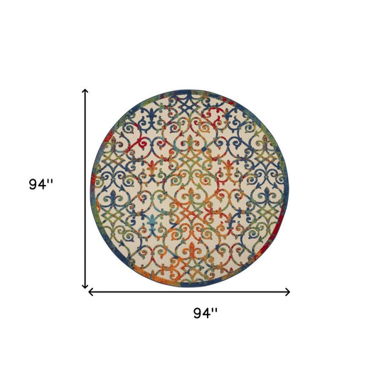 8' Ivory Blue Orange And Green Round Trellis Indoor Outdoor Area Rug