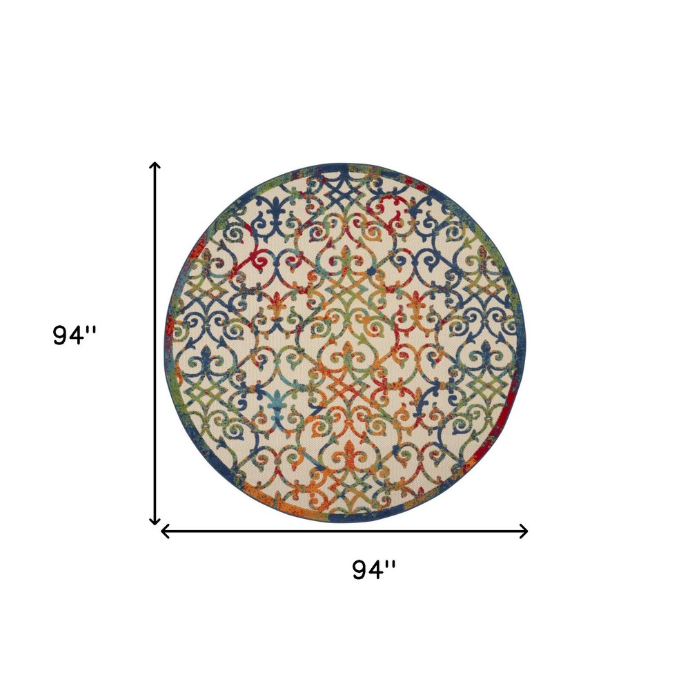 8' Ivory Blue Orange And Green Round Trellis Indoor Outdoor Area Rug — view 1