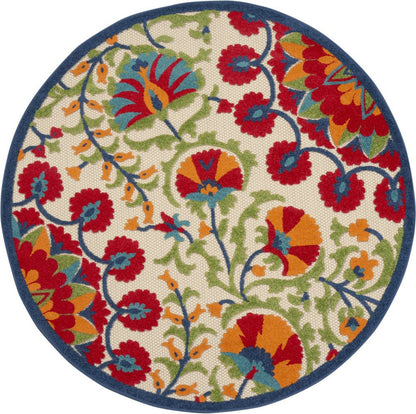 4' Navy Blue Beige Green Blue And Red Round Floral Indoor Outdoor Area Rug HomeRoots
