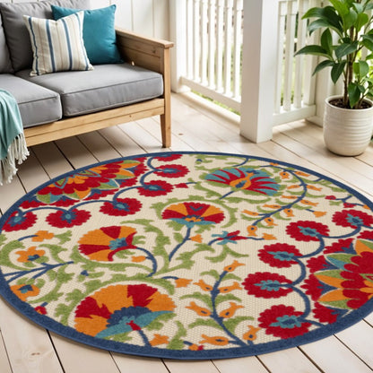 4' Navy Blue Beige Green Blue And Red Round Floral Indoor Outdoor Area Rug HomeRoots