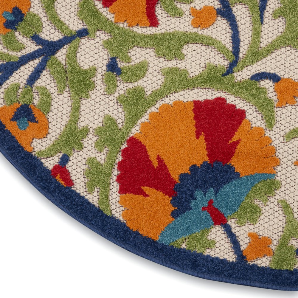 4' Navy Blue Beige Green Blue And Red Round Floral Indoor Outdoor Area Rug