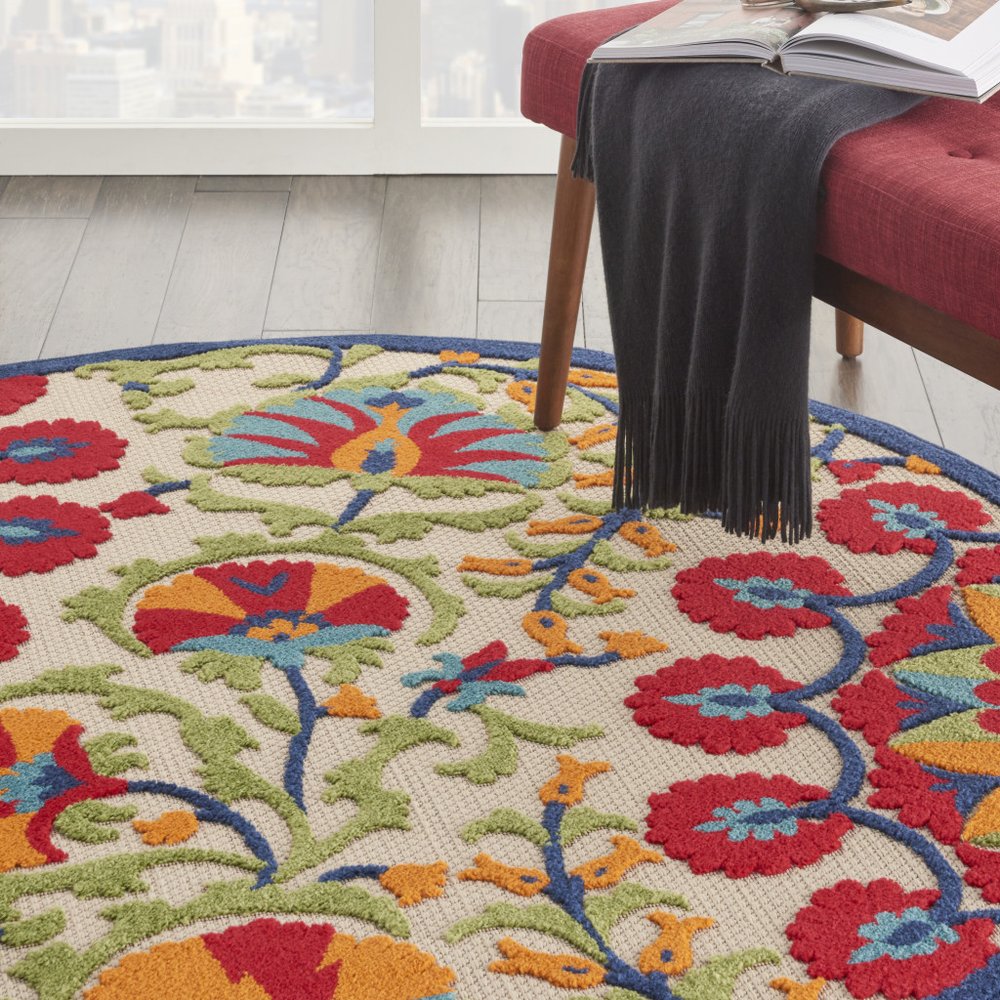 4' Navy Blue Beige Green Blue And Red Round Floral Indoor Outdoor Area Rug HomeRoots