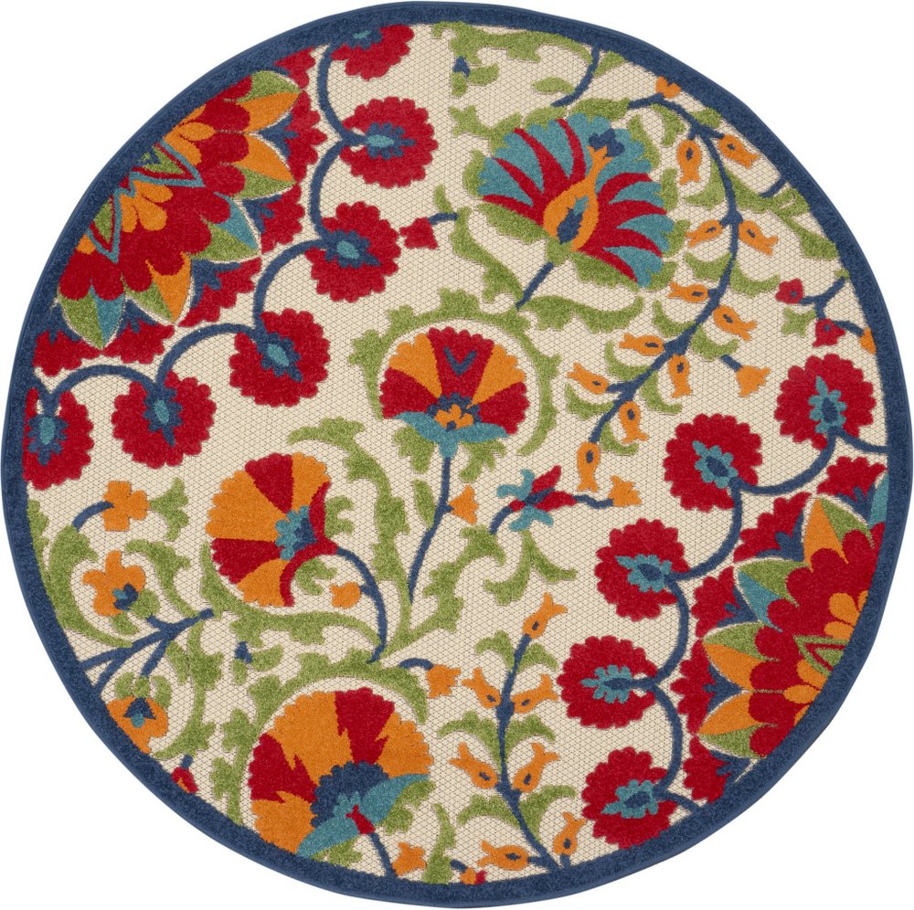 4' Navy Blue Beige Green Blue And Red Round Floral Indoor Outdoor Area Rug — view 8