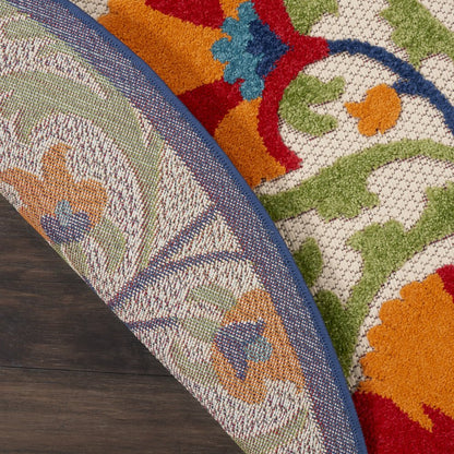 4' Navy Blue Beige Green Blue And Red Round Floral Indoor Outdoor Area Rug HomeRoots