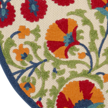 4' Navy Blue Beige Green Blue And Red Round Floral Indoor Outdoor Area Rug HomeRoots
