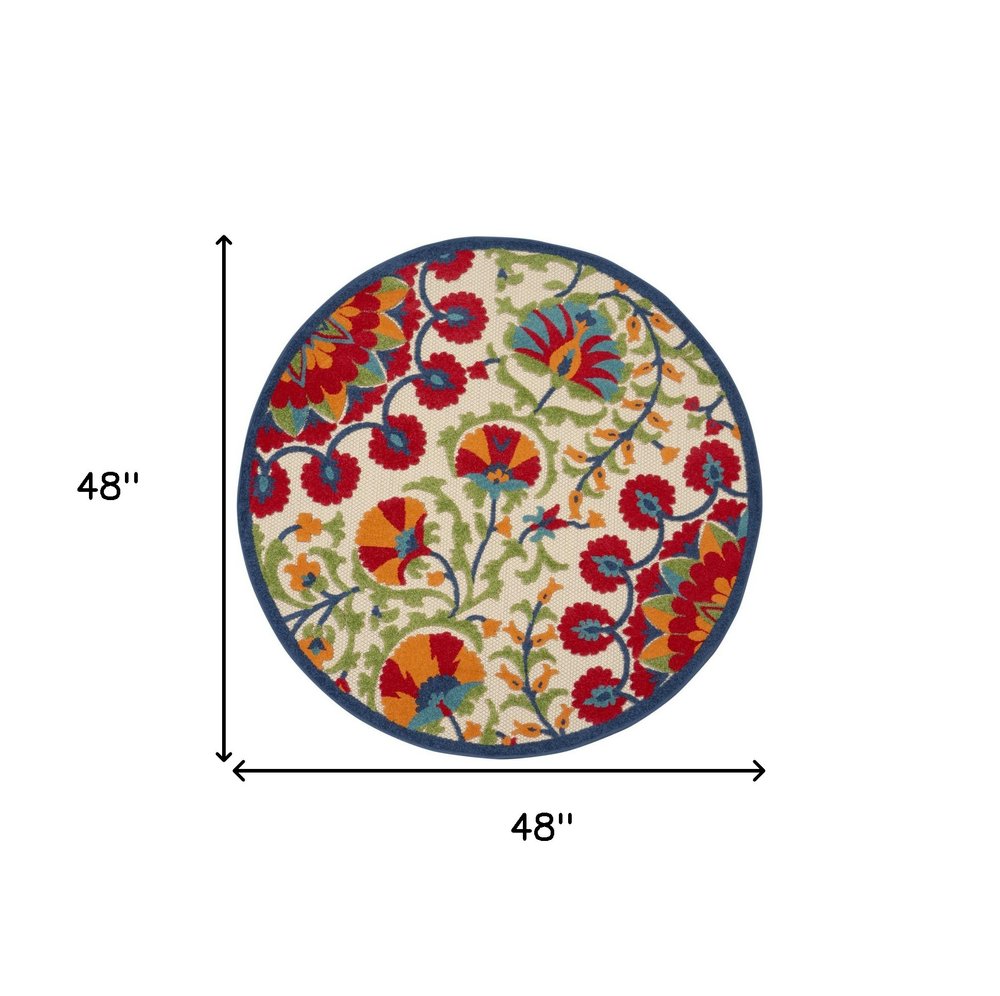4' Navy Blue Beige Green Blue And Red Round Floral Indoor Outdoor Area Rug — view 1