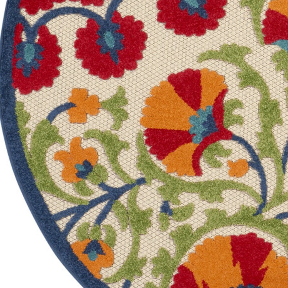 4' Navy Blue Beige Green Blue And Red Round Floral Indoor Outdoor Area Rug — view 2
