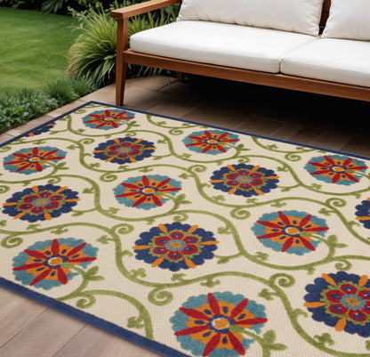 6' X 9' Navy Blue Beige Green Blue And Red Floral Indoor Outdoor Area Rug HomeRoots