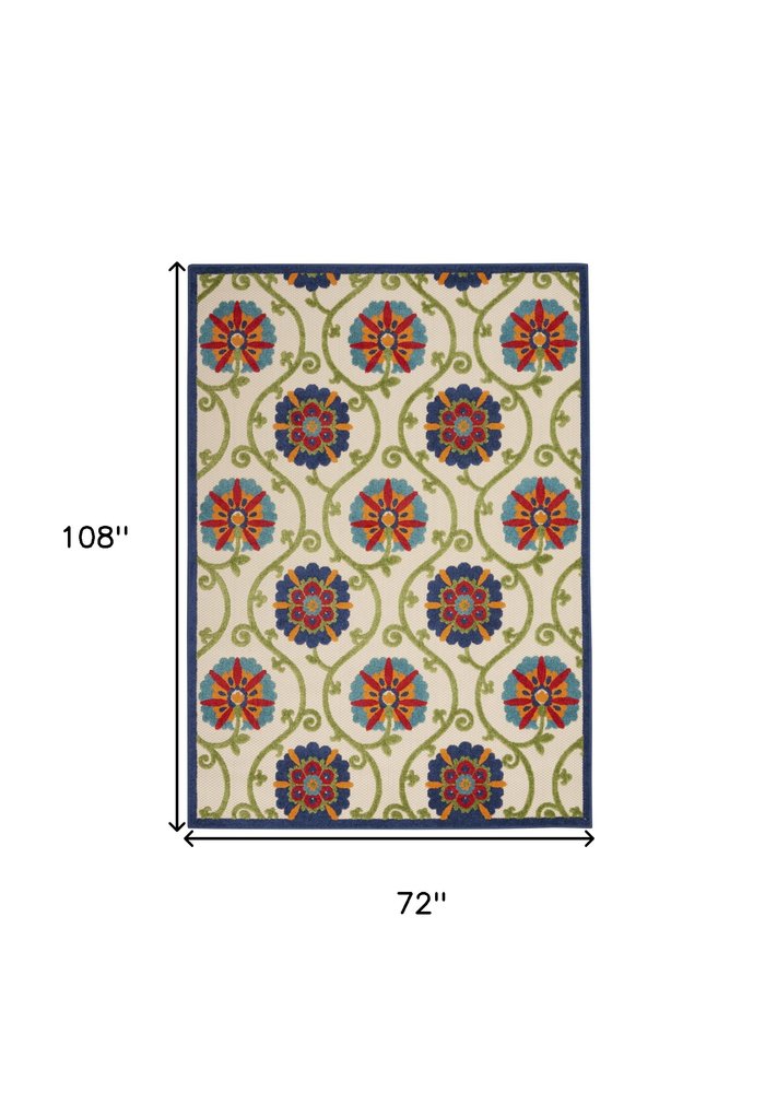 6' X 9' Navy Blue Beige Green Blue And Red Floral Indoor Outdoor Area Rug — view 1