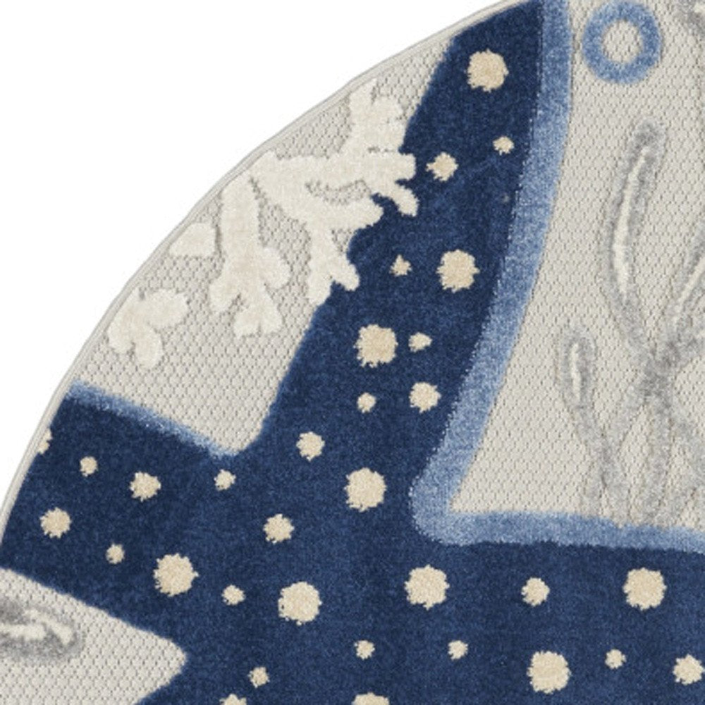 5' Navy Blue And Gray Round Starfish Indoor Outdoor Area Rug — view 5