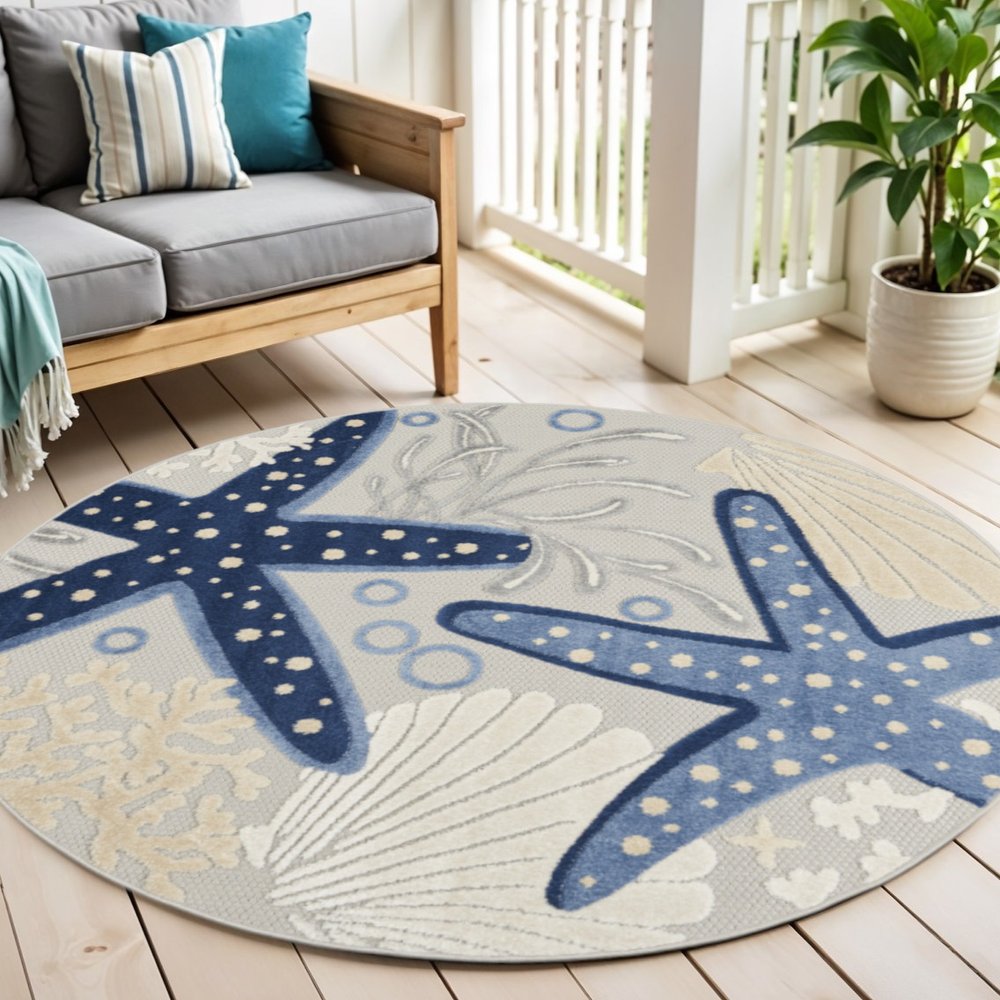 5' Navy Blue And Gray Round Starfish Indoor Outdoor Area Rug HomeRoots