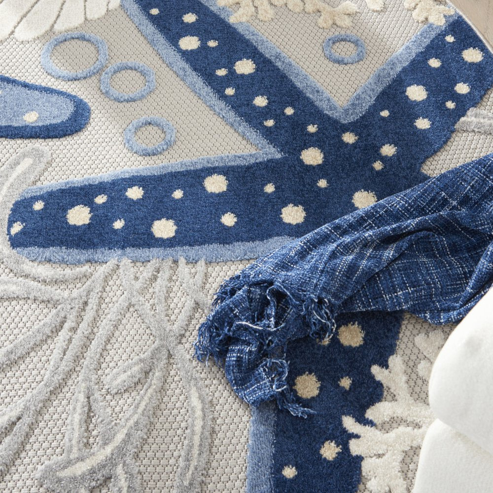 5' Navy Blue And Gray Round Starfish Indoor Outdoor Area Rug — view 8