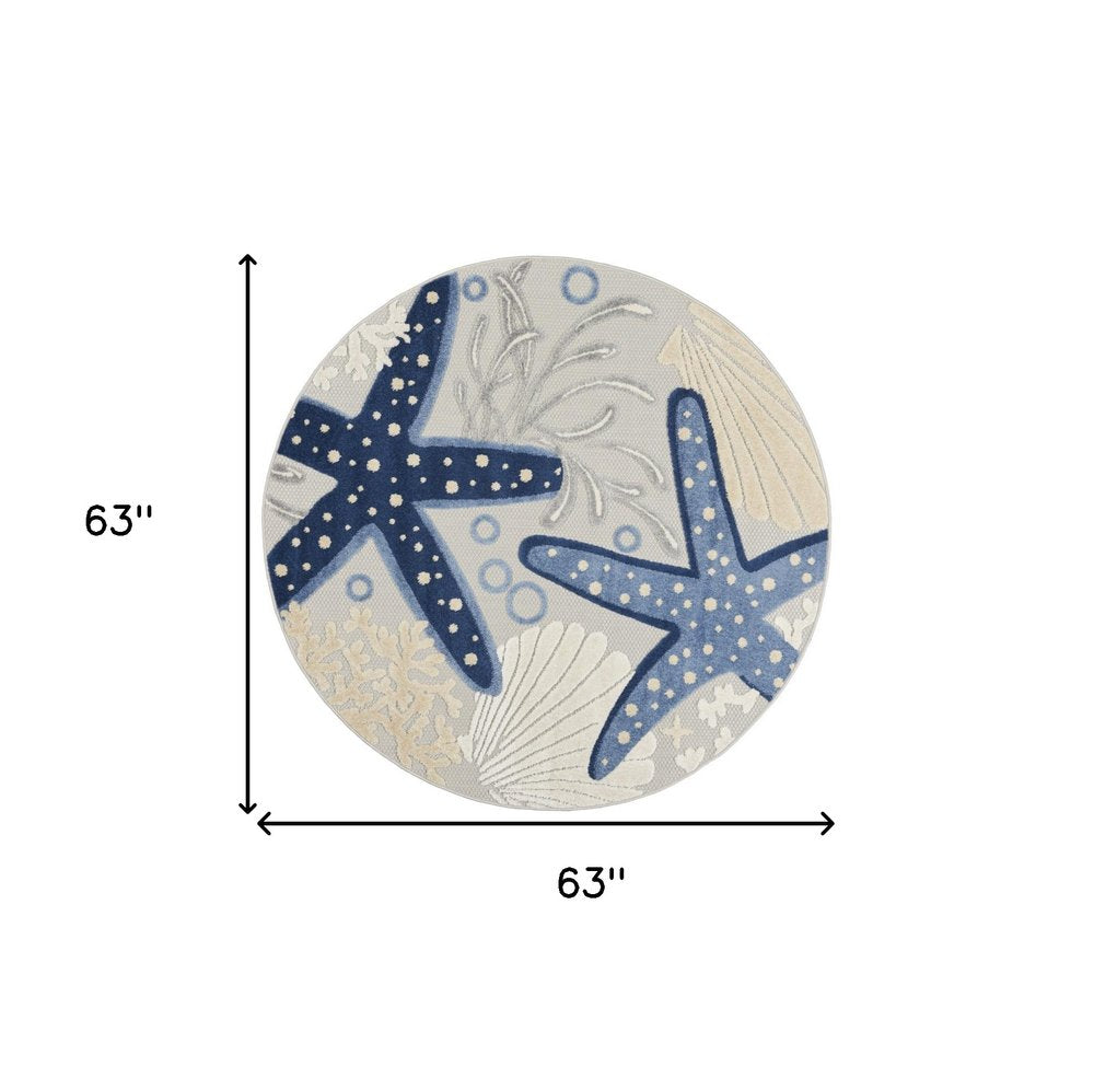 5' Navy Blue And Gray Round Starfish Indoor Outdoor Area Rug HomeRoots