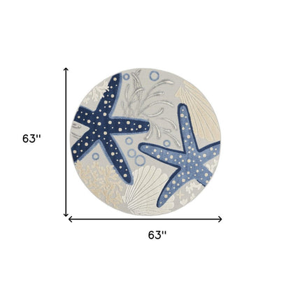 5' Navy Blue And Gray Round Starfish Indoor Outdoor Area Rug HomeRoots