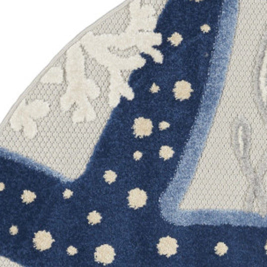 5' Navy Blue And Gray Round Starfish Indoor Outdoor Area Rug
