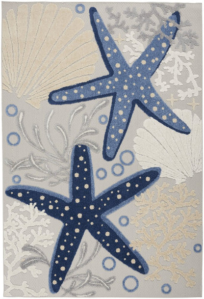 4' X 6' Navy Blue And Gray Starfish Indoor Outdoor Area Rug HomeRoots