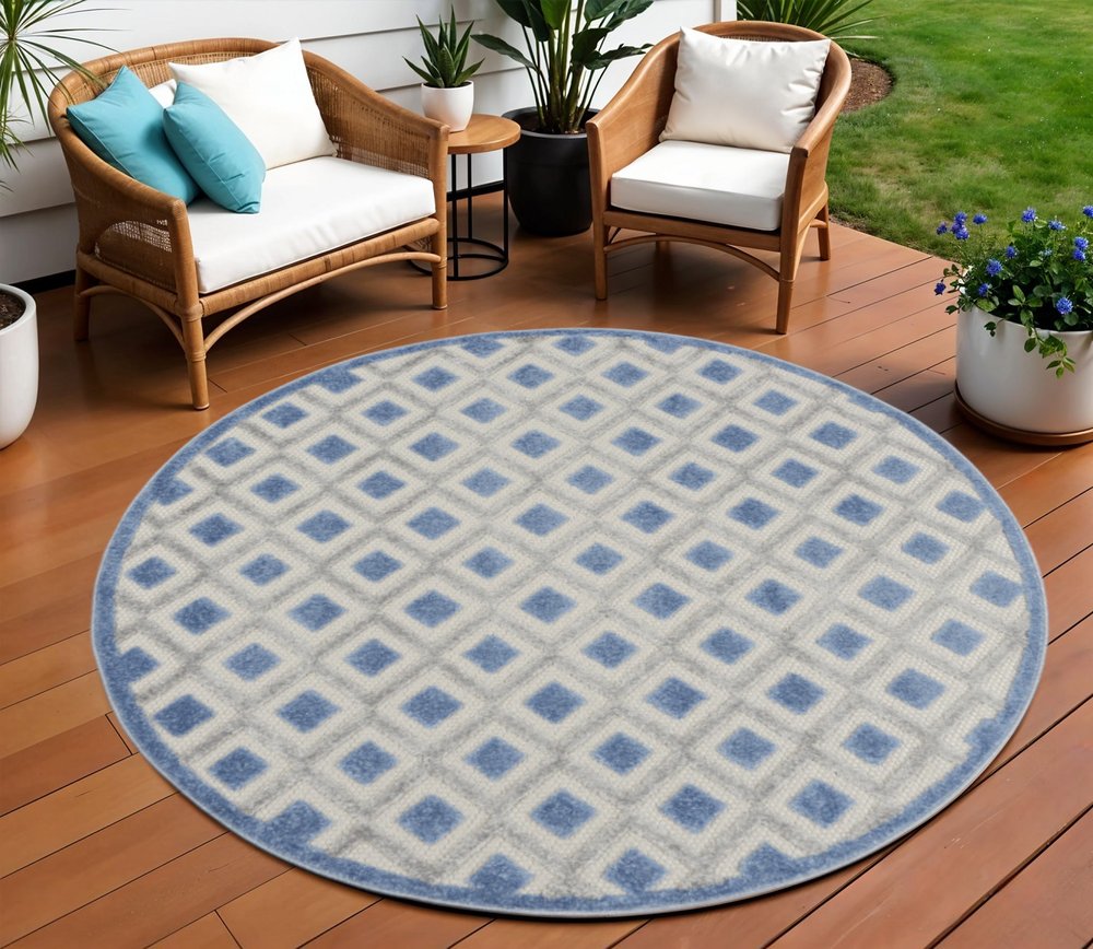 8' Blue And Gray Round Geometric Indoor Outdoor Area Rug — view 6