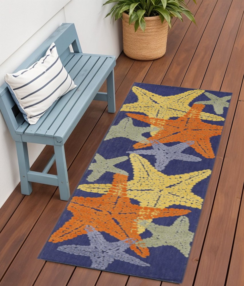 6' Blue Yellow And Orange Starfish Indoor Outdoor Runner Rug HomeRoots