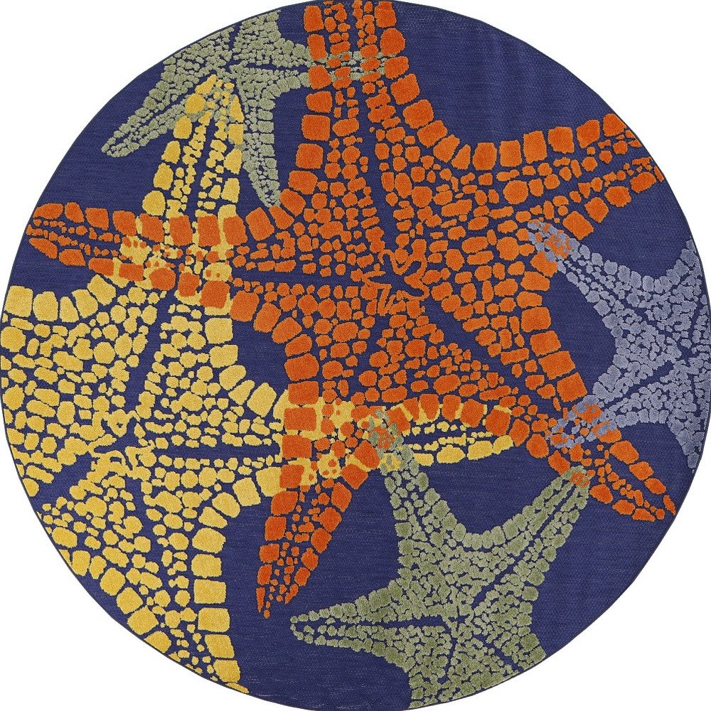 5' Blue Yellow And Orange Round Starfish Indoor Outdoor Area Rug HomeRoots