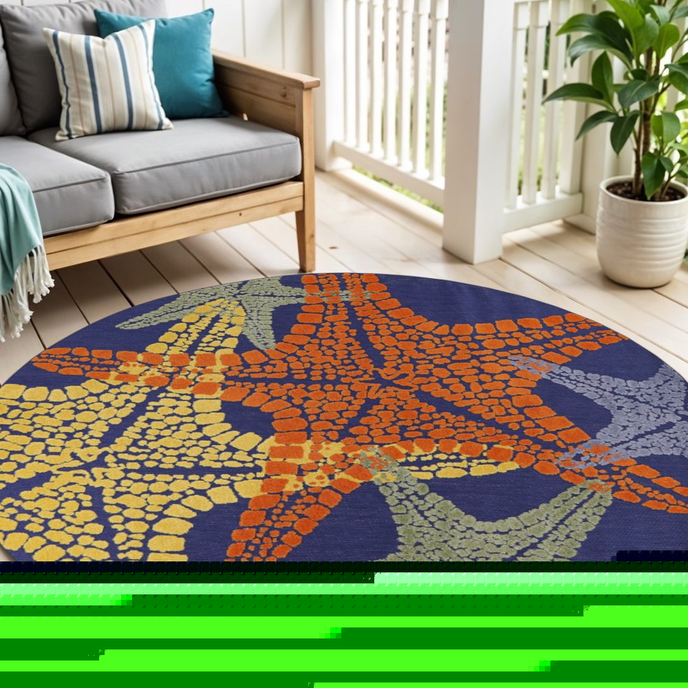 5' Blue Yellow And Orange Round Starfish Indoor Outdoor Area Rug