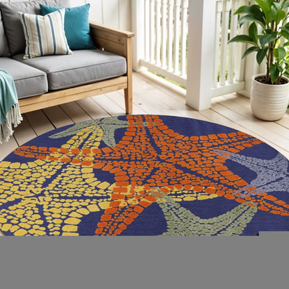5' Blue Yellow And Orange Round Starfish Indoor Outdoor Area Rug