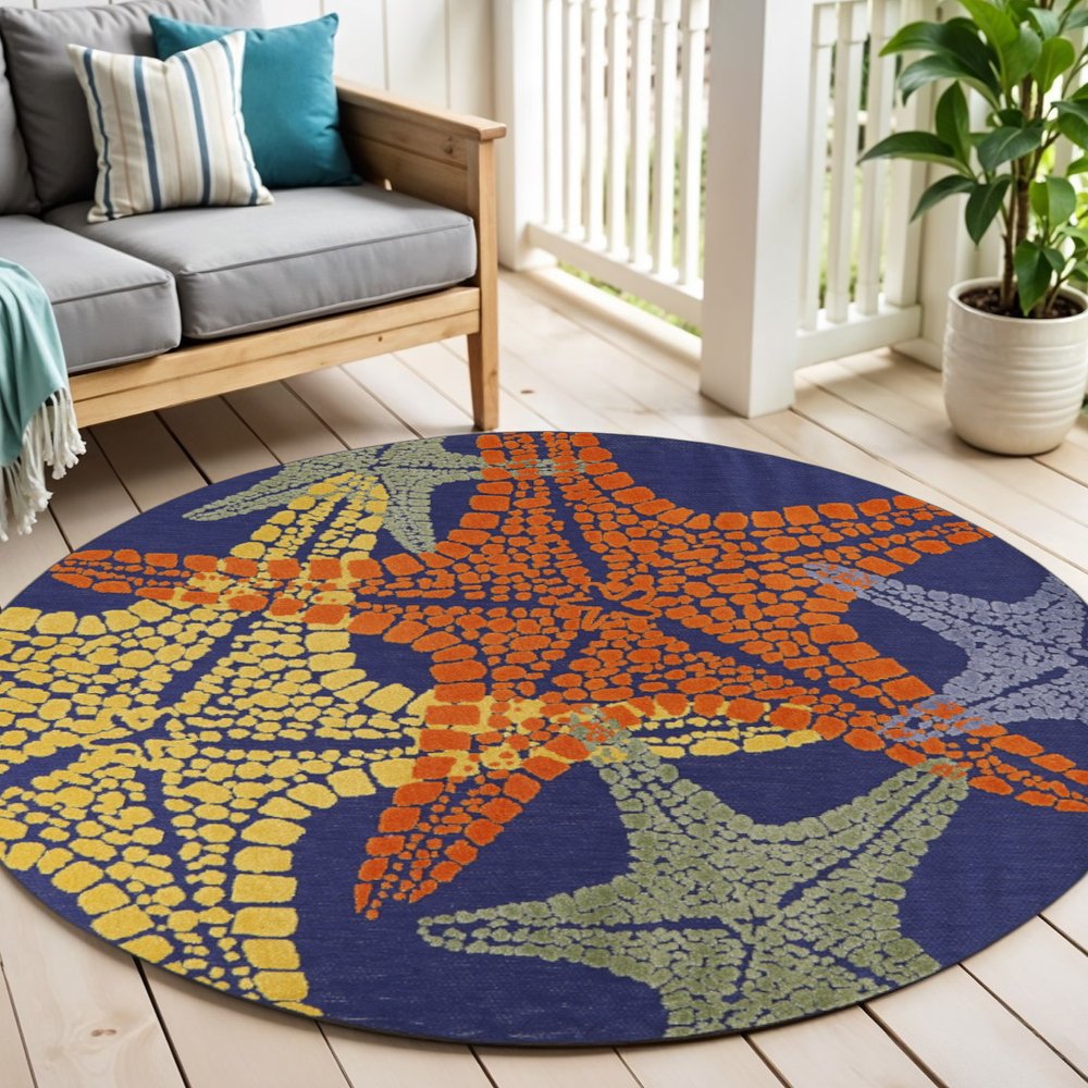 5' Blue Yellow And Orange Round Starfish Indoor Outdoor Area Rug HomeRoots