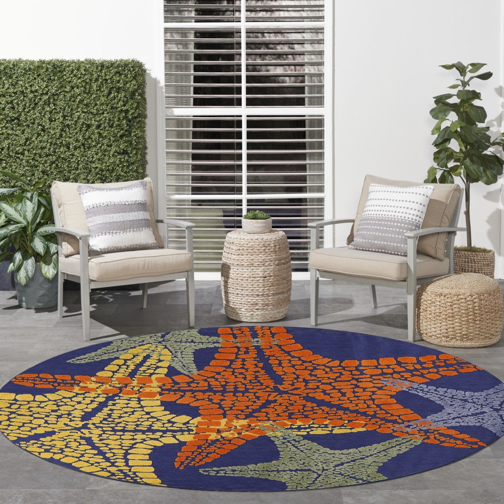 5' Blue Yellow And Orange Round Starfish Indoor Outdoor Area Rug