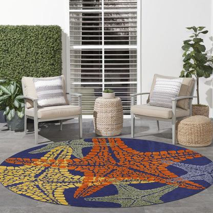 5' Blue Yellow And Orange Round Starfish Indoor Outdoor Area Rug