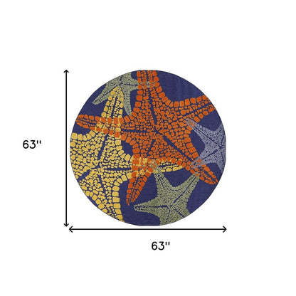 5' Blue Yellow And Orange Round Starfish Indoor Outdoor Area Rug HomeRoots
