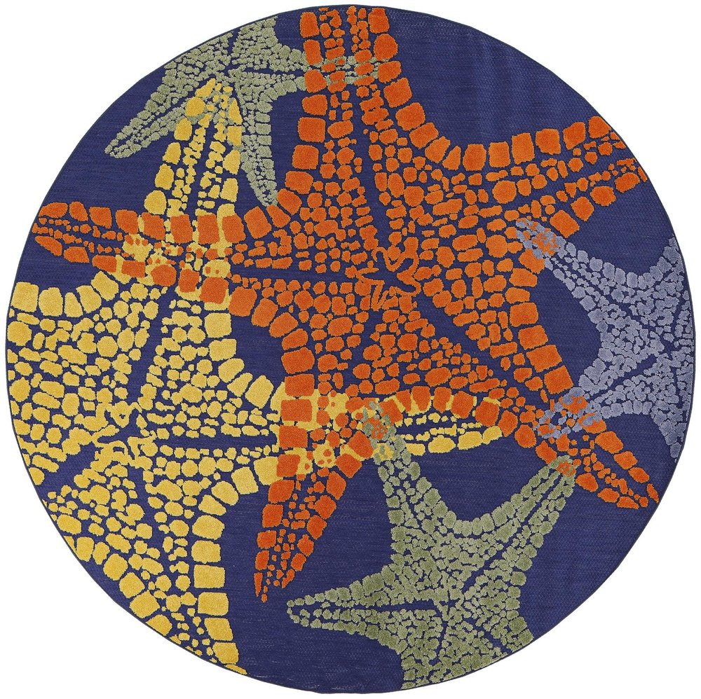 5' Blue Yellow And Orange Round Starfish Indoor Outdoor Area Rug HomeRoots